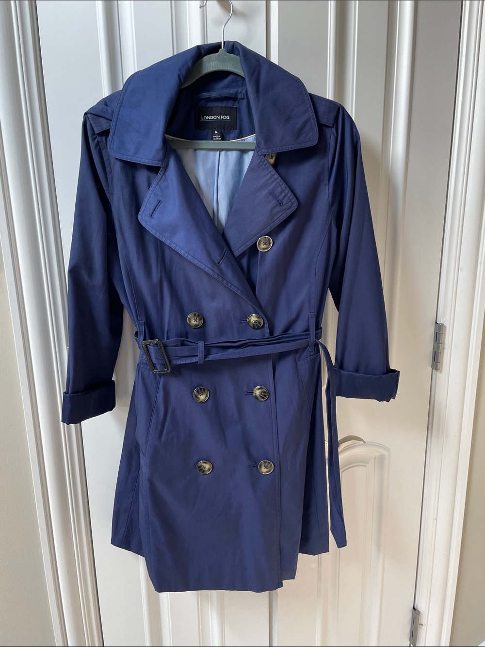 London Fog Women's Navy Double-Breasted Belted Trench
